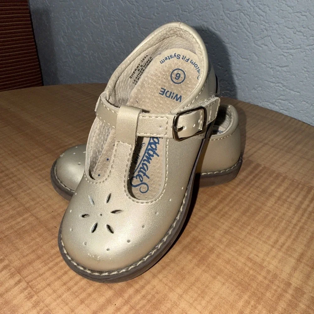 FOOTMATES Sherry Gold Leather T-Strap Mary Jane Shoes Toddler Girls US 6 Wide